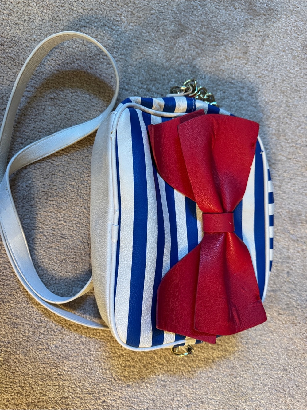 Betsey Johnson Blue & White Striped Crossbody with Red Bow Accent